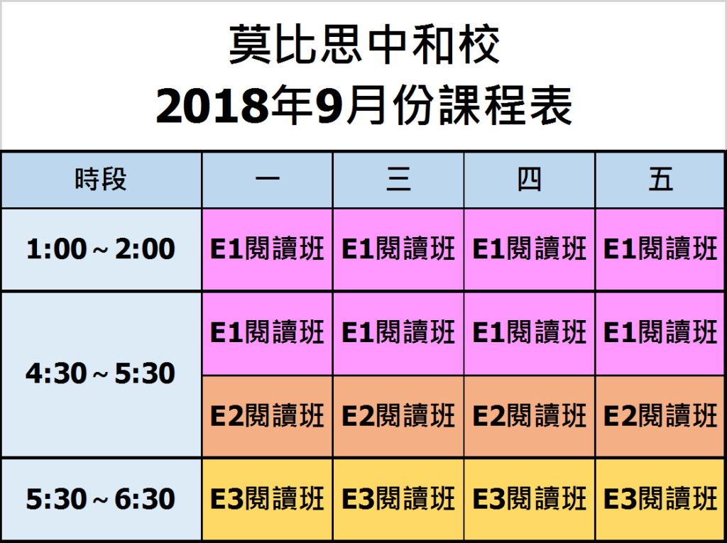 莫比思中和校 2018年09月 開課時間表