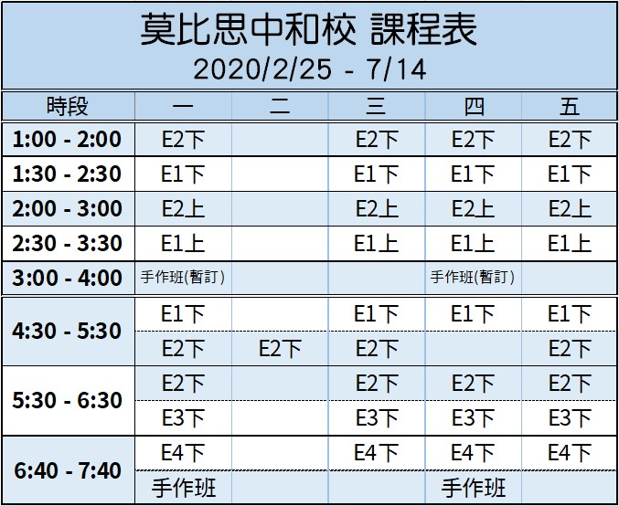 莫比思中和校 2020年2月 開課時間表