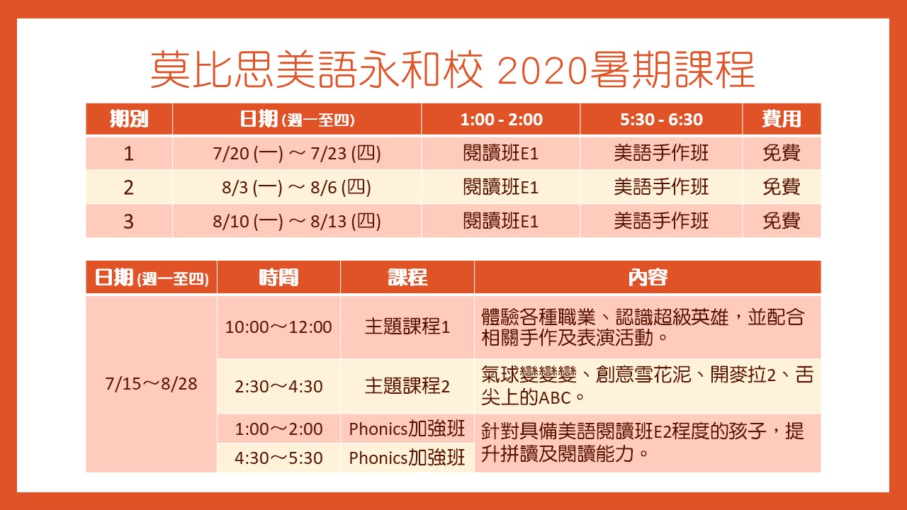 莫比思美語永和校 2020暑期課程