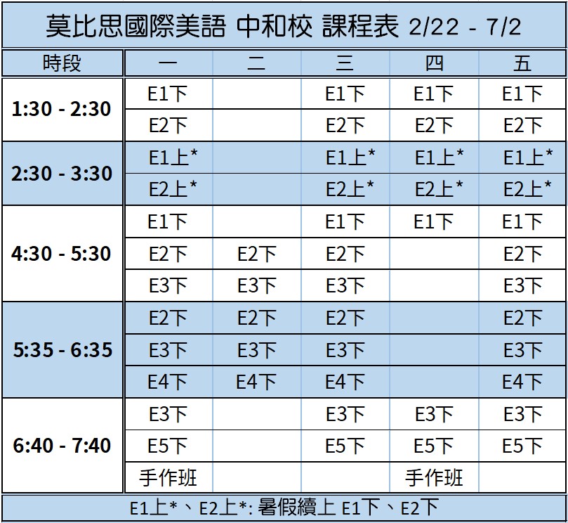 莫比思中和校 2021年2月 開課時間表