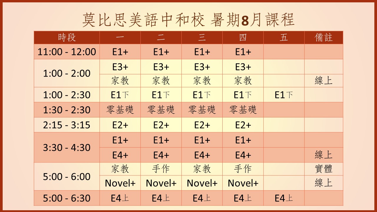 莫比思中和校 2022 暑期課程